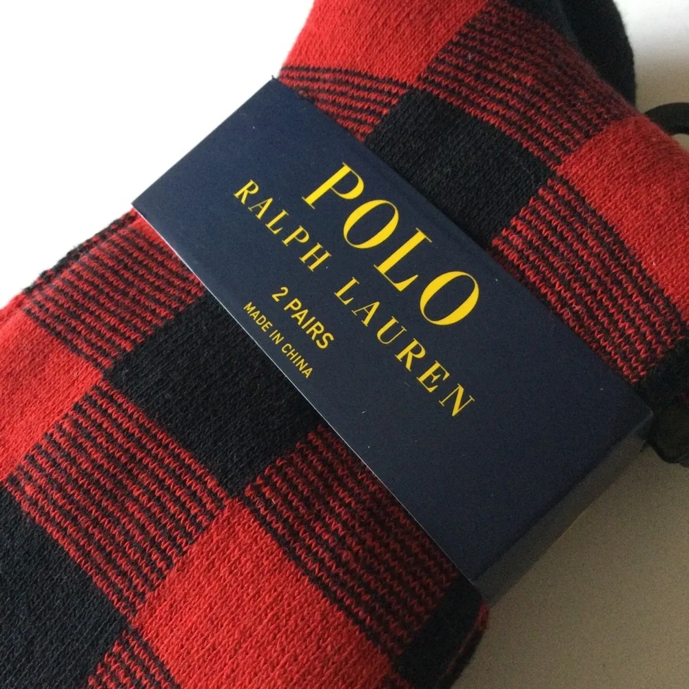 POLO RALPH LAUREN MENS 2 PAIR PACK BOOT SOCKS RED/BLACK AND GRAY WITH LOGO NWT